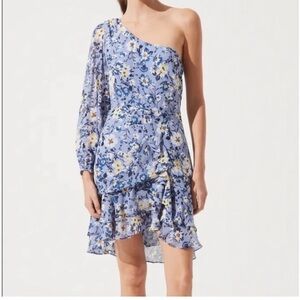 Astr One-Shoulder Floral Dress in Blue and Yellow size XS .